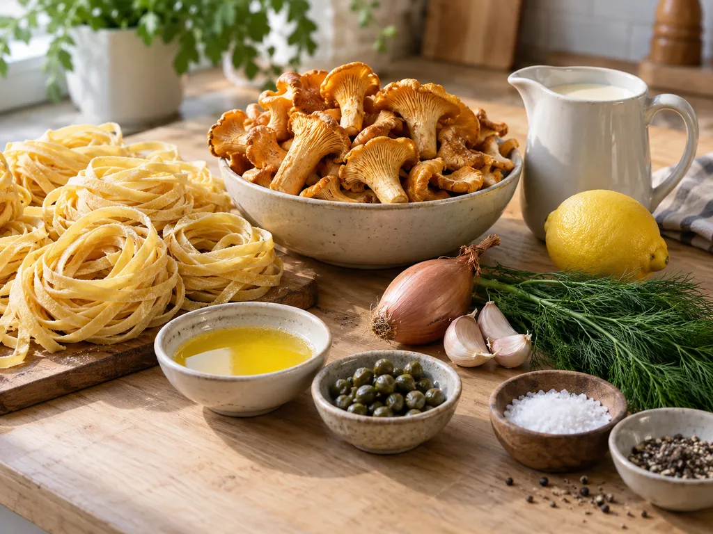 Składniki na tagliatelle z kurkami, śmietanką, koperkiem i cytryną