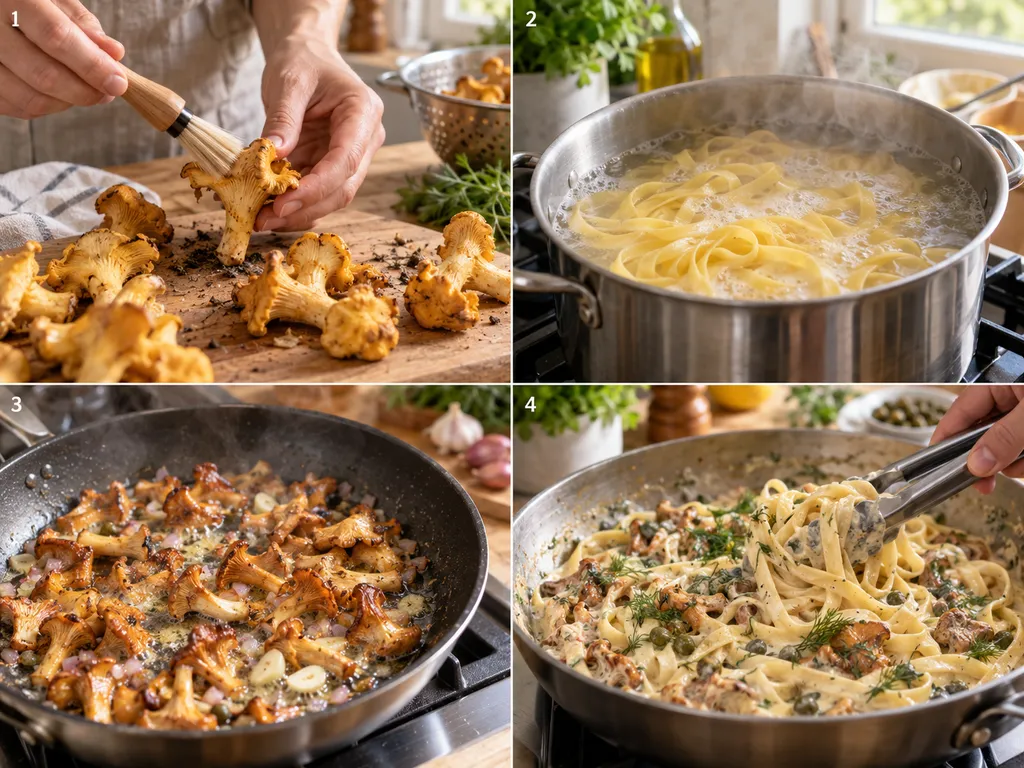 Cztery etapy przygotowania tagliatelle z kurkami w sosie śmietankowym