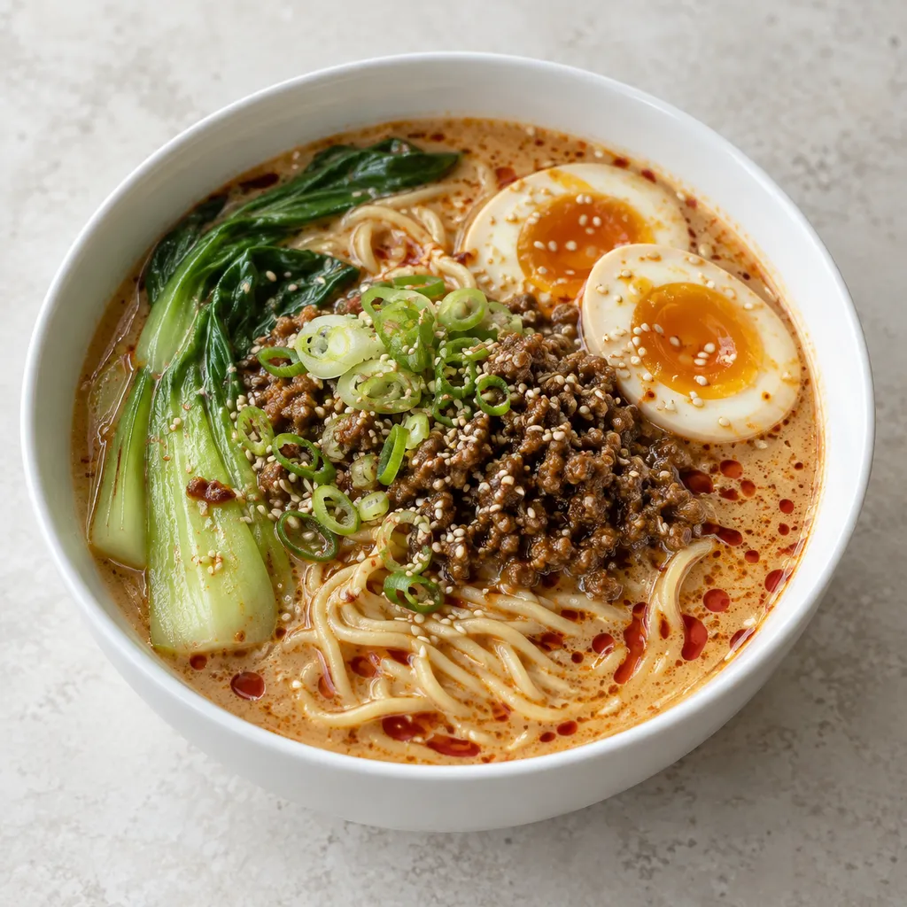 Tantanmen ramen z wieprzowiną, jajkiem, pak choi i olejem chili