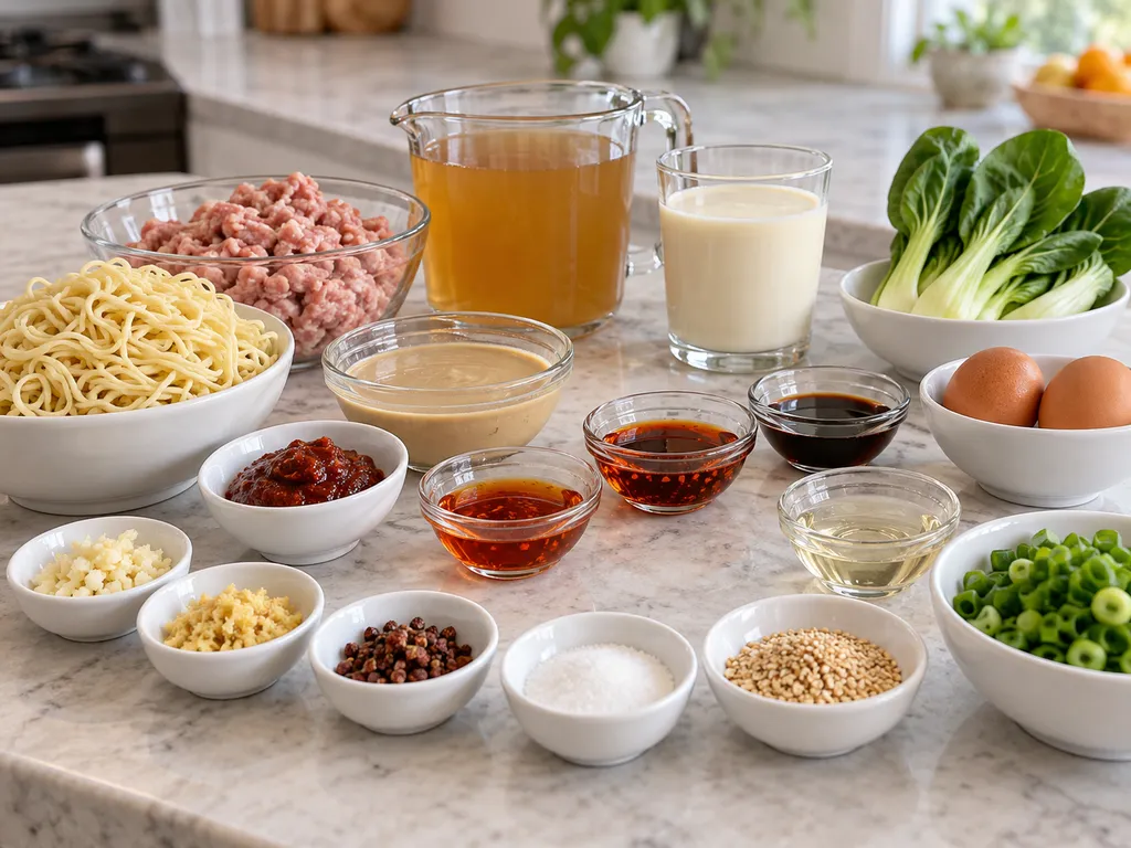 Składniki na Tantanmen ramen z makaronem, tahini, wieprzowiną i pak choi