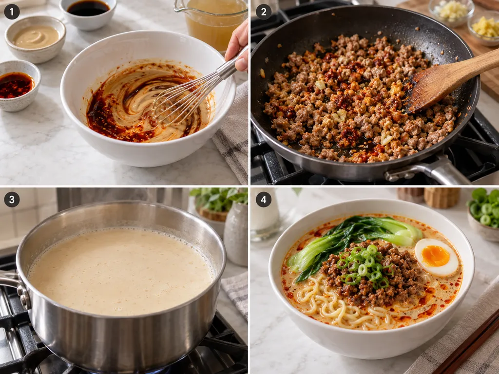 Cztery etapy przygotowania Tantanmen ramen z pastą sezamową i wieprzowiną