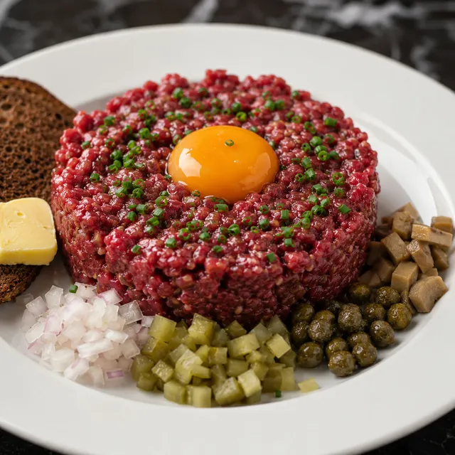 Polish beef tartare with raw egg yolk, pickles, and marinated mushrooms