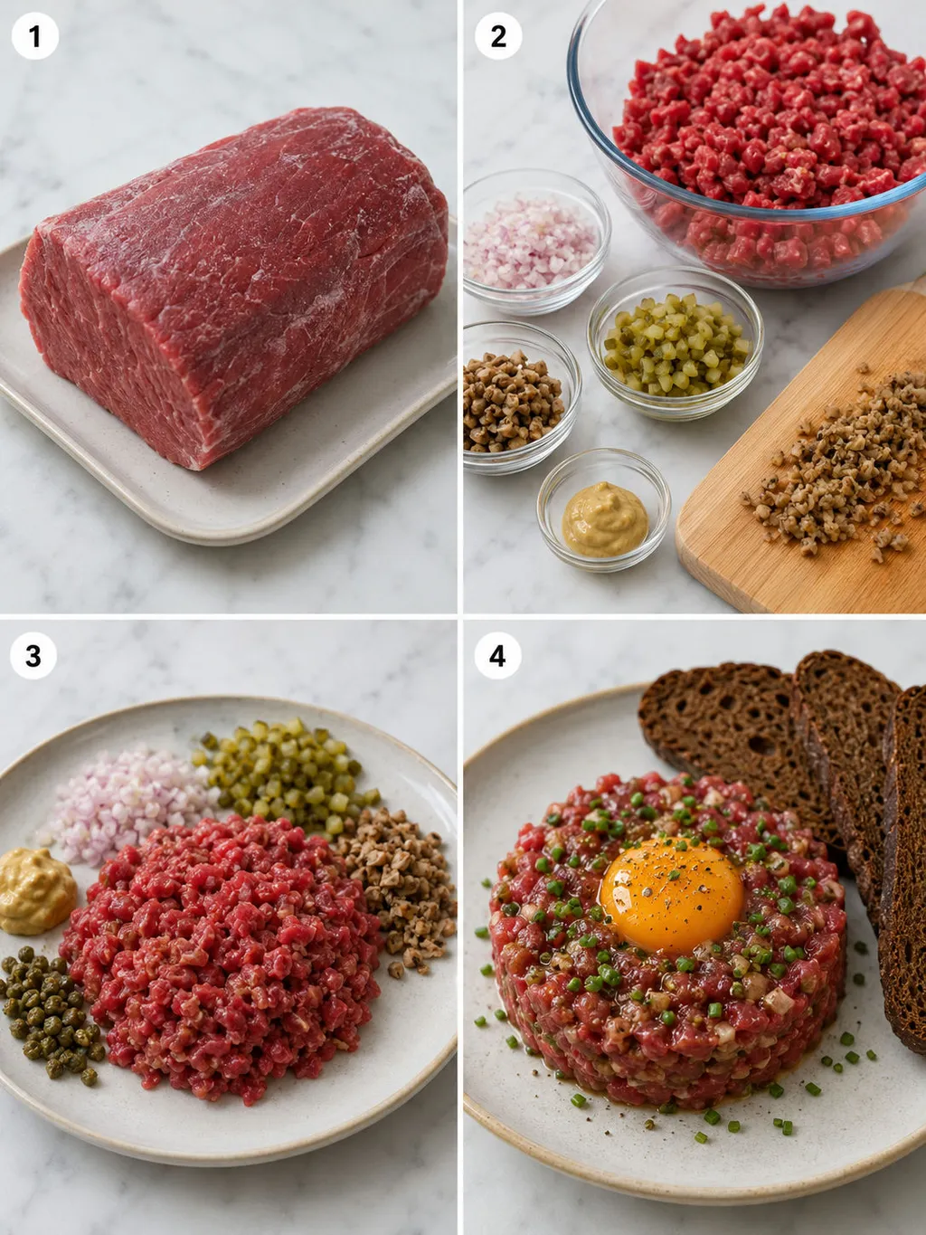 Four steps of preparing beef tartare from slicing to plating with egg yolk