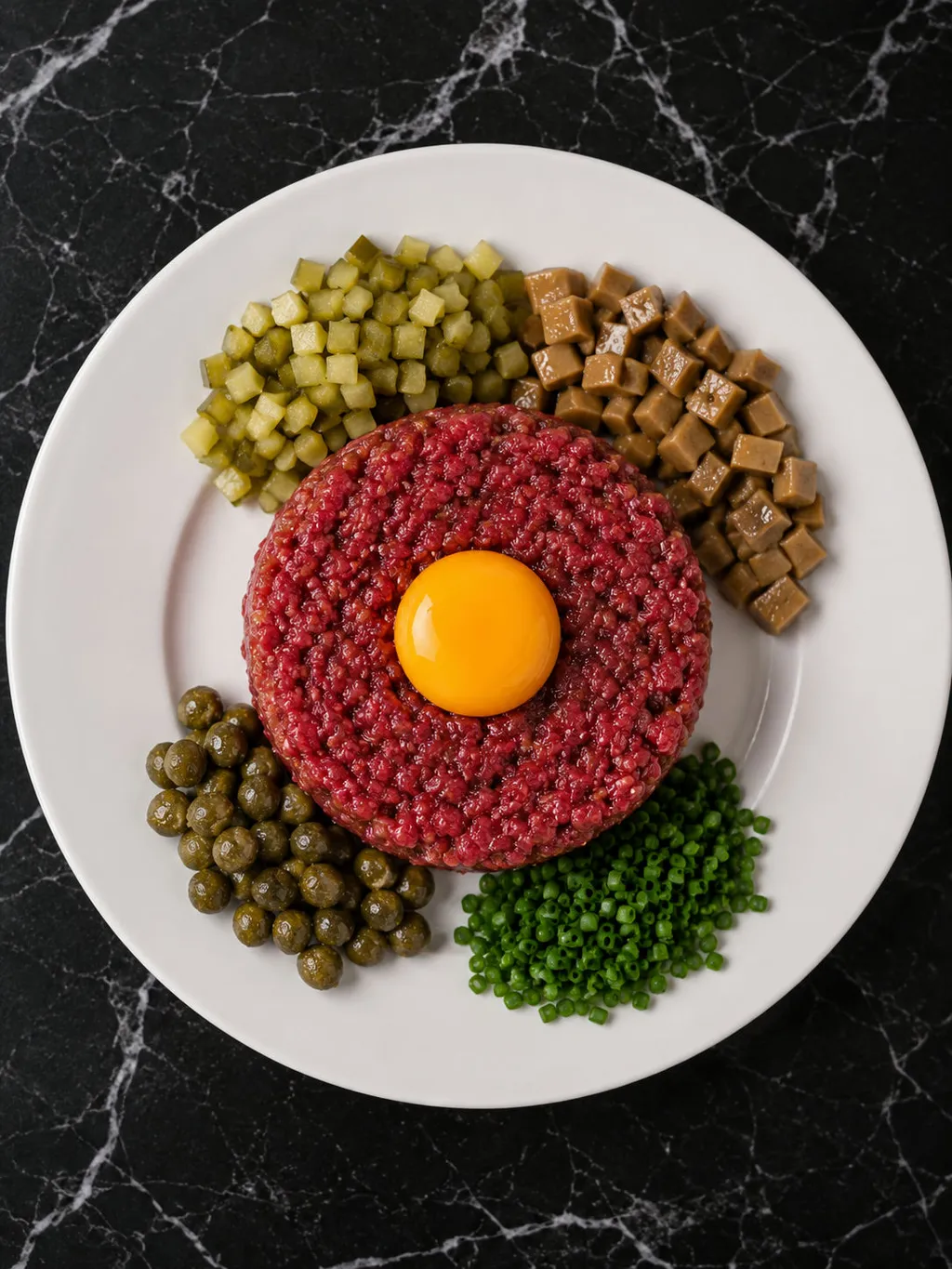 Top-down view of Polish beef tartare with egg yolk and pickled garnishes