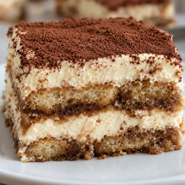 Kawałek tiramisu bez surowych jajek z warstwami biszkoptów i kremu mascarpone, oprószony kakao