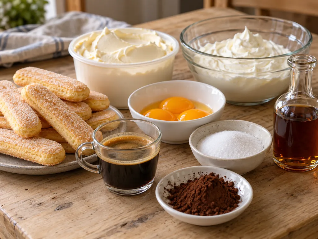 Surowe składniki na tiramisu: żółtka, cukier, mascarpone, śmietanka, biszkopty savoiardi i kawa