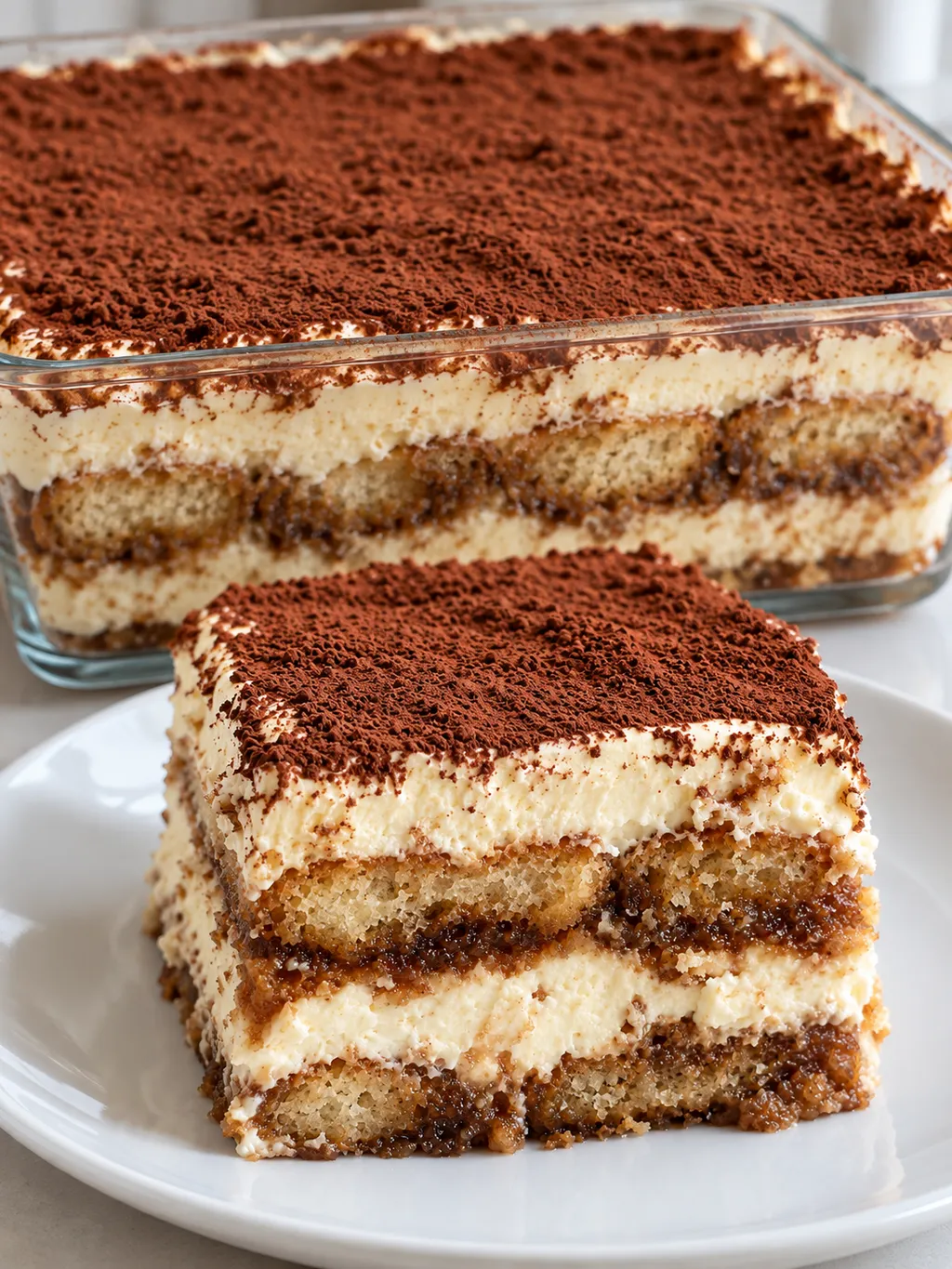 Cała forma tiramisu w szklanym naczyniu i porcja na talerzu, oprószone kakao