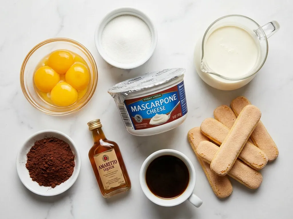 Składniki na tiramisu bez pieczenia: mascarpone, żółtka, biszkopty, kawa i kakao