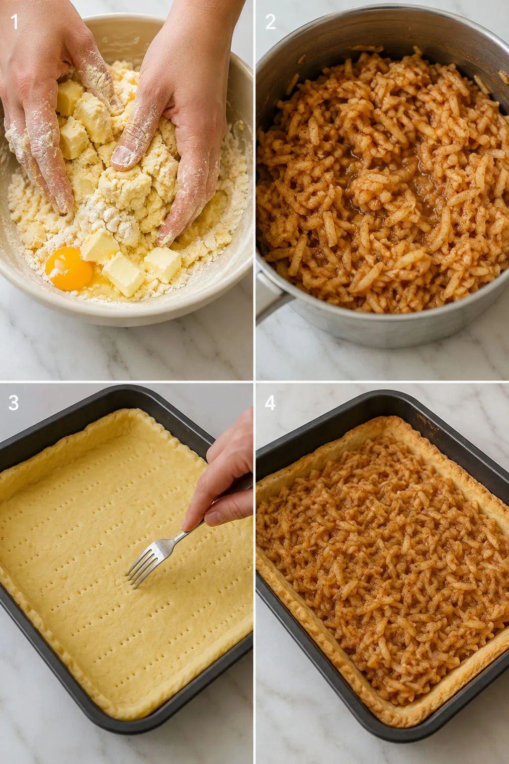 Four steps of making Polish szarlotka from dough to assembling the apple filling