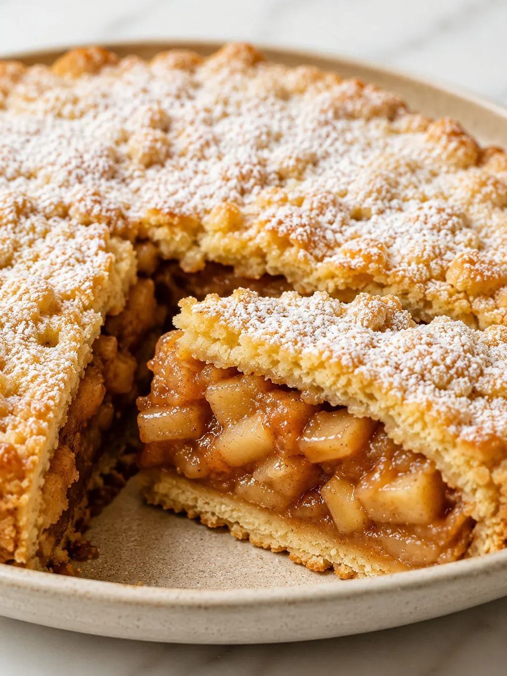 Forkful of Polish szarlotka apple pie showing crumbly crust and spiced apple filling