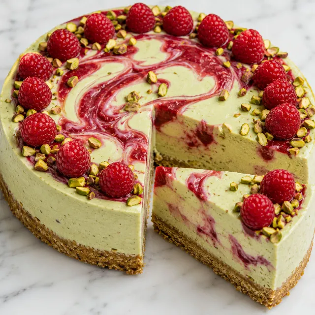 Malinowo-pistacjowy tort z kremem mascarpone udekorowany świeżymi malinami