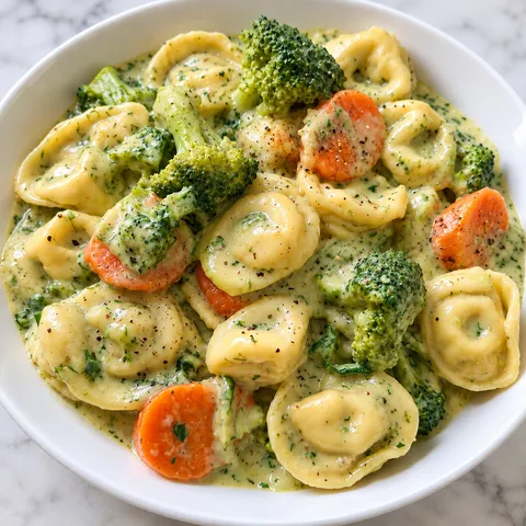 Tortellini w kremowym sosie brokułowym z marchewką i koperkiem w białej misce