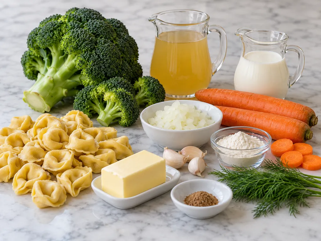 Surowe składniki na tortellini w sosie brokułowym: brokuł, marchewka, tortellini, śmietana