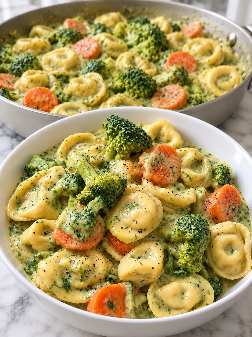 Patelnia i miska tortellini w aksamitnym sosie brokułowo-marchewkowym