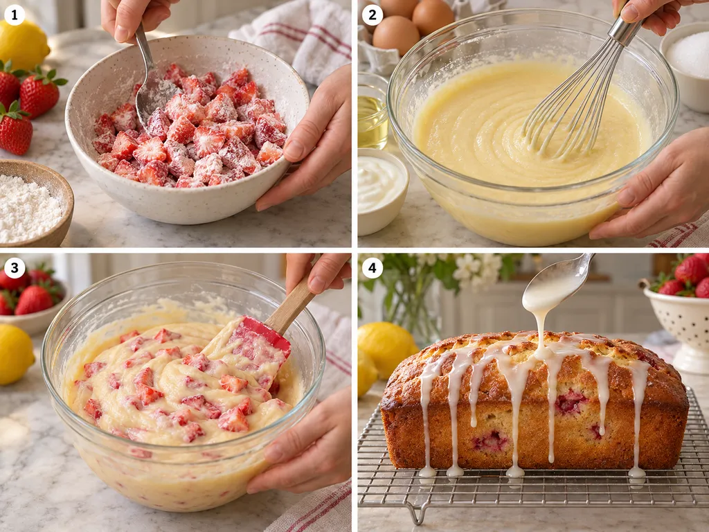Cztery etapy przygotowania keksu truskawkowego z cytrynowym lukrem