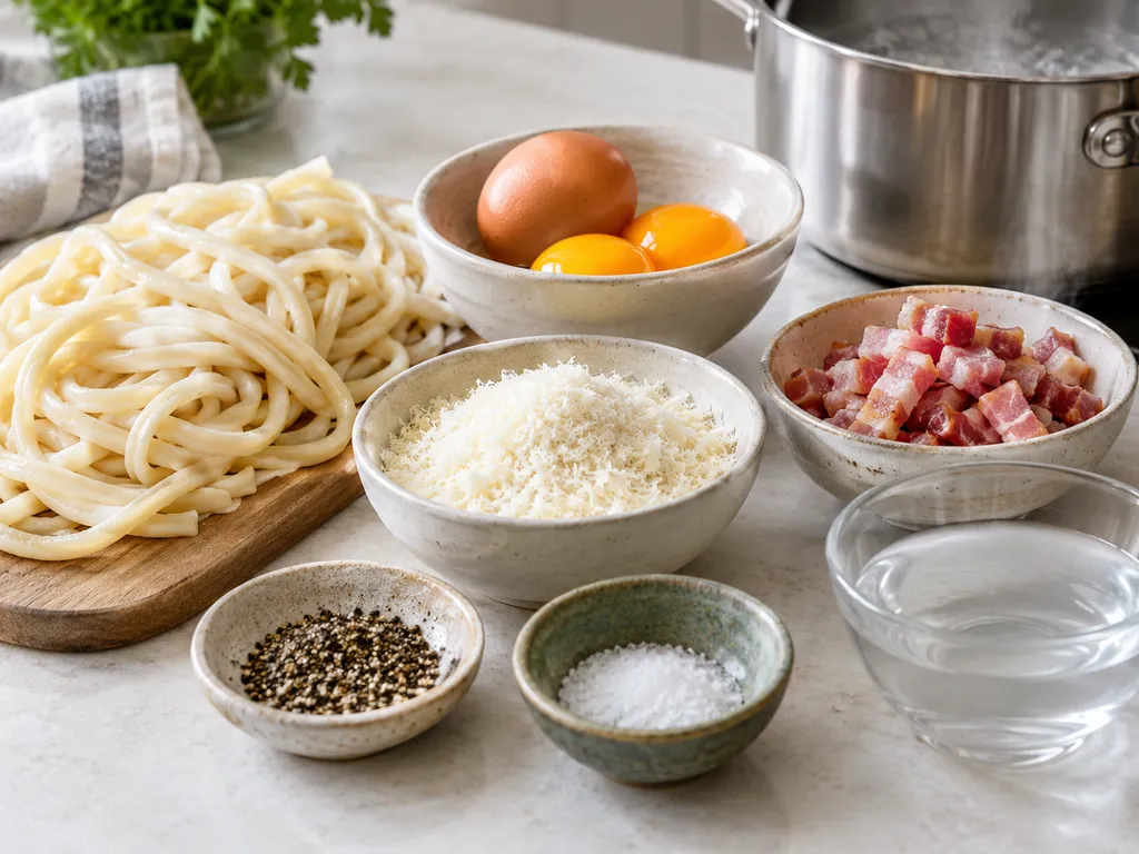 Składniki na udon carbonara z jajkami, serem, boczkiem i makaronem udon