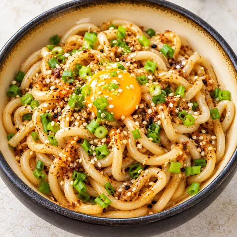 Udon z czosnkiem, sezamem, szczypiorkiem i żółtkiem w misce