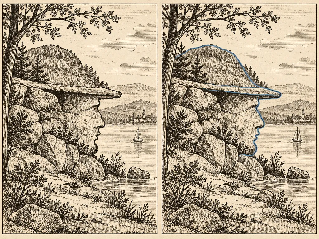 Dwie wersje ilustracyjnego pejzażu: czysta oraz z delikatnie zaznaczonym konturem kapelusza i profilu.