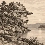 Ilustracyjny krajobraz, którego skały i linie brzegu układają się w profil mężczyzny w kapeluszu.