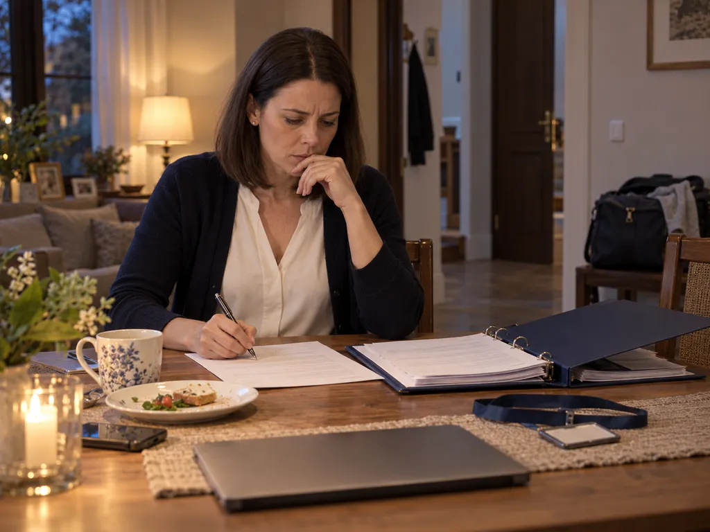 Lena zapisuje swoje warunki przy kuchennym stole obok granatowego segregatora z umowami.