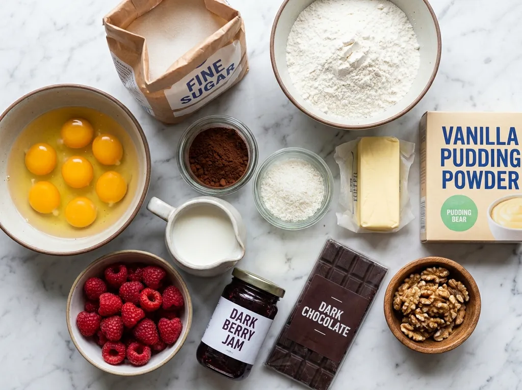 Raw ingredients for layered Popapraniec cake including eggs, cocoa, raspberries and chocolate