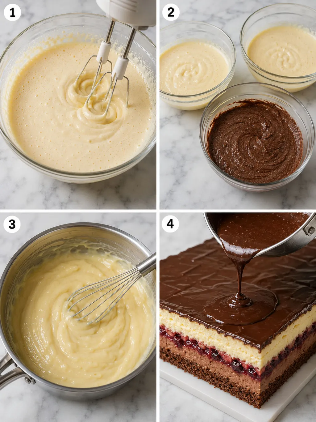 Four steps of making layered Popapraniec cake from batter to chocolate glaze