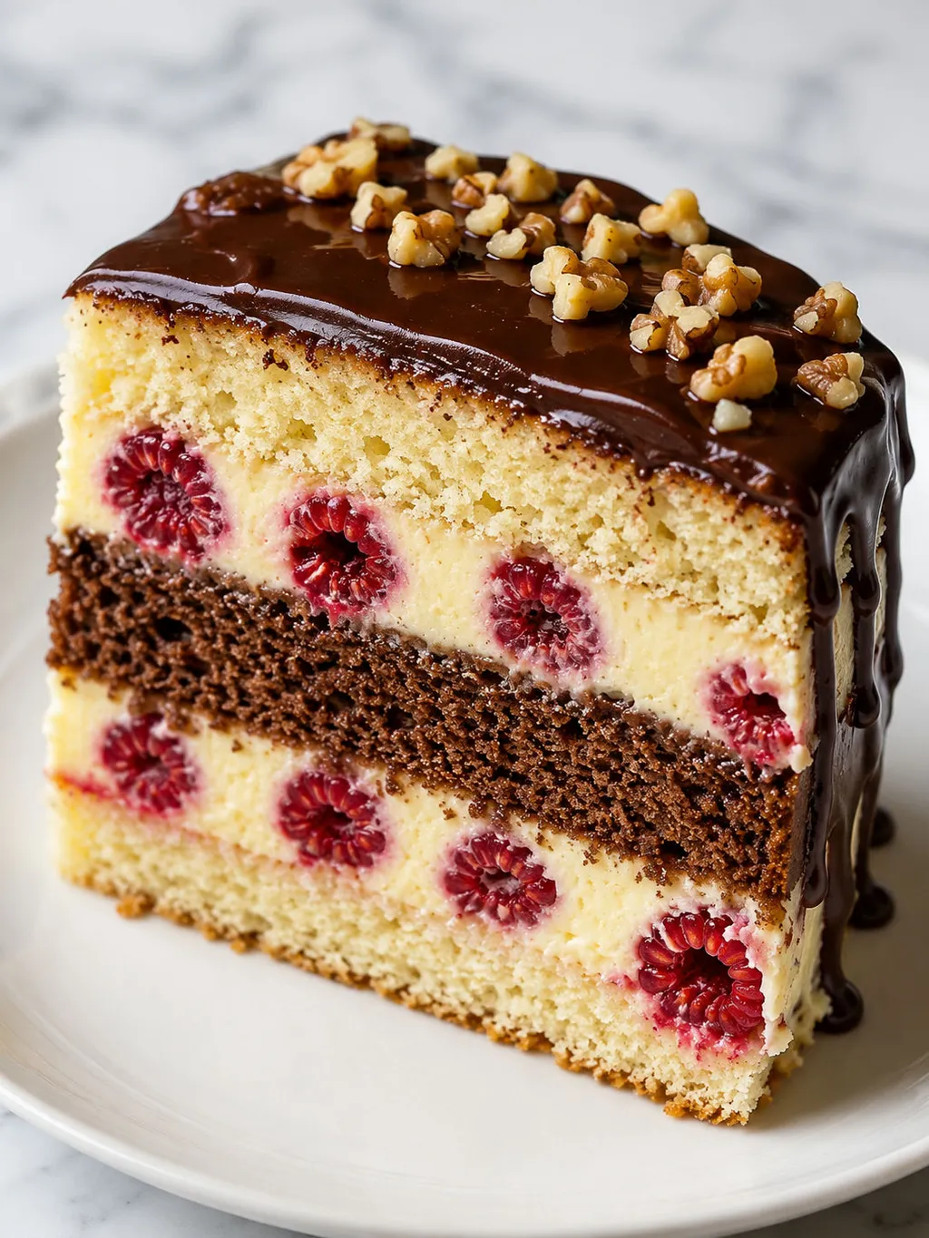 Slice of layered Popapraniec cake with chocolate glaze and raspberries standing upright