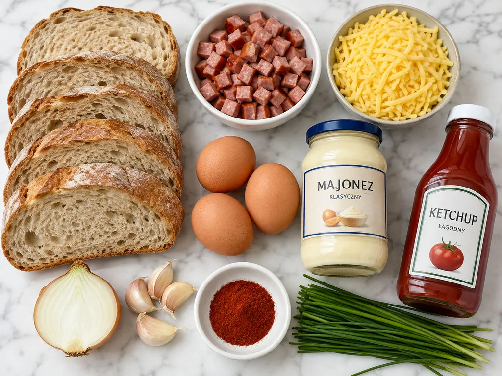 Raw ingredients for wiejskie kanapki na ciepło including sausage, cheese, eggs and bread