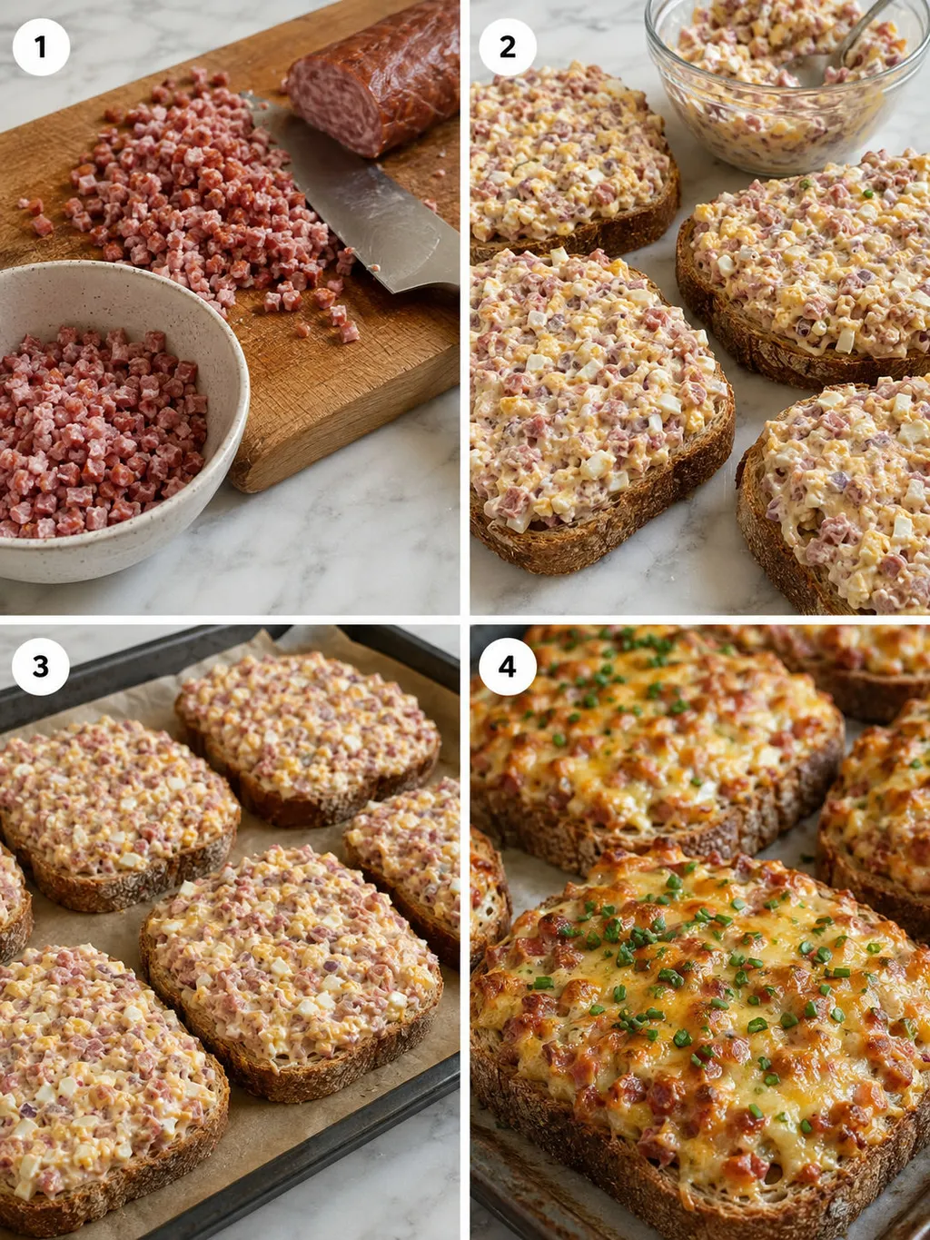 Four steps of making wiejskie kanapki na ciepło from mixing to baking
