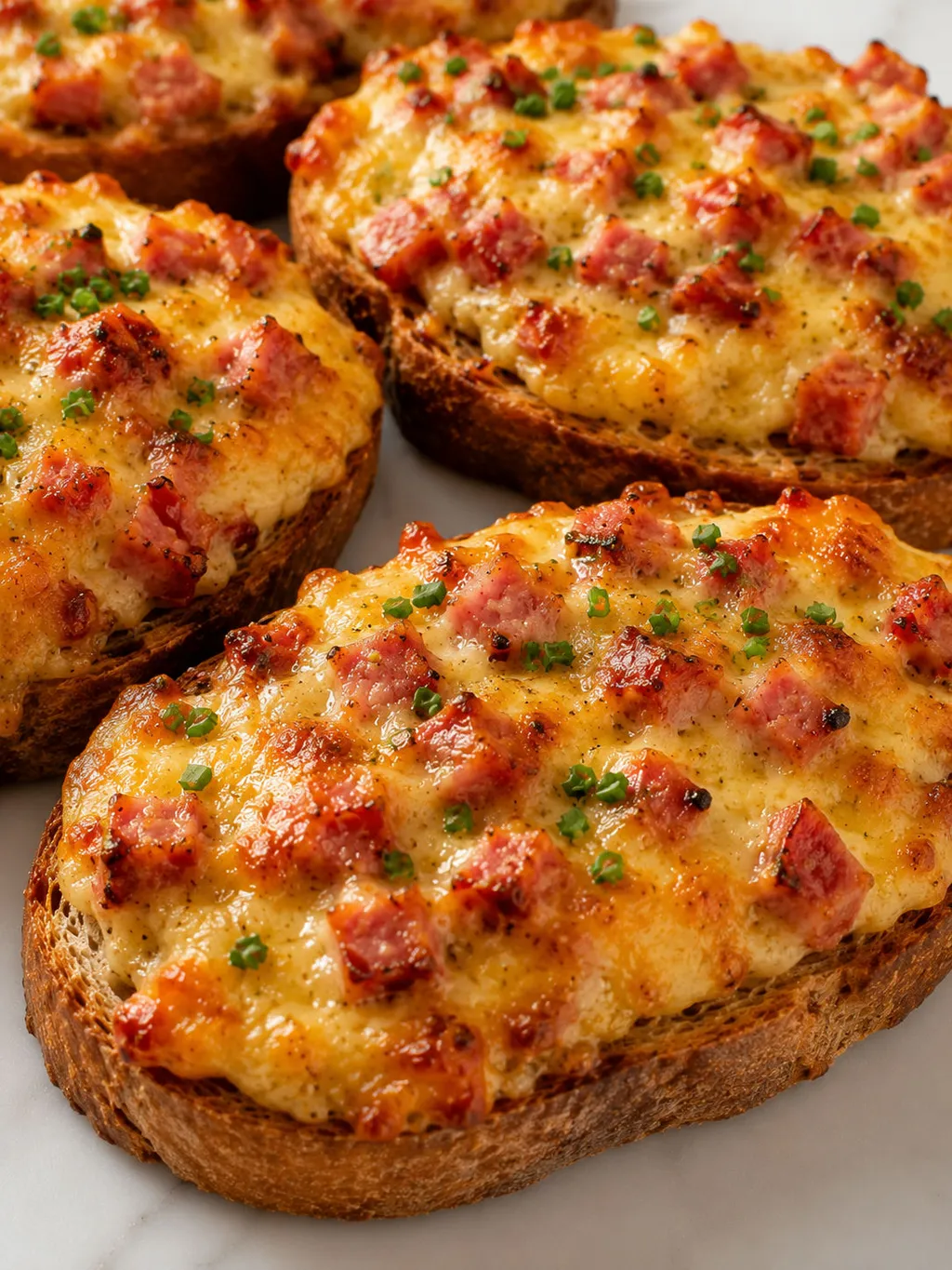 Close-up stack of wiejskie kanapki na ciepło with melted cheese and chives