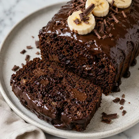 Sliced moist banana-chocolate loaf cake with glossy chocolate ganache on top