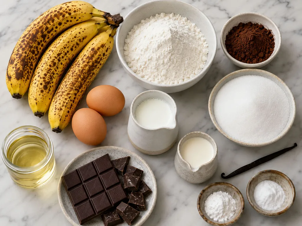 Ripe bananas, cocoa powder, dark chocolate and cake ingredients on a wooden board