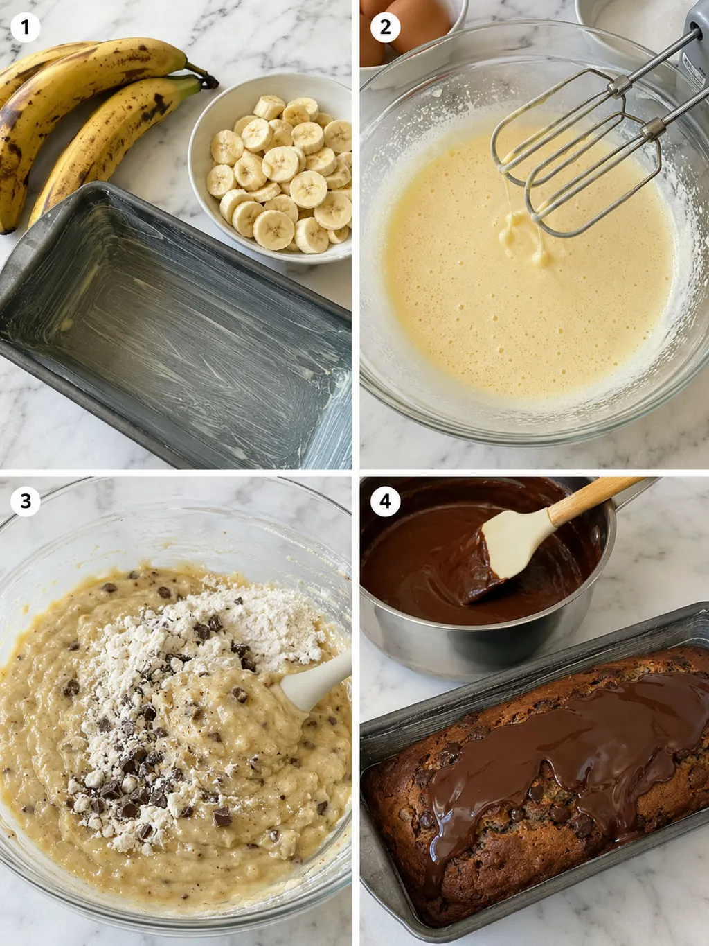 Four steps of making banana-chocolate loaf cake from batter to chocolate ganache