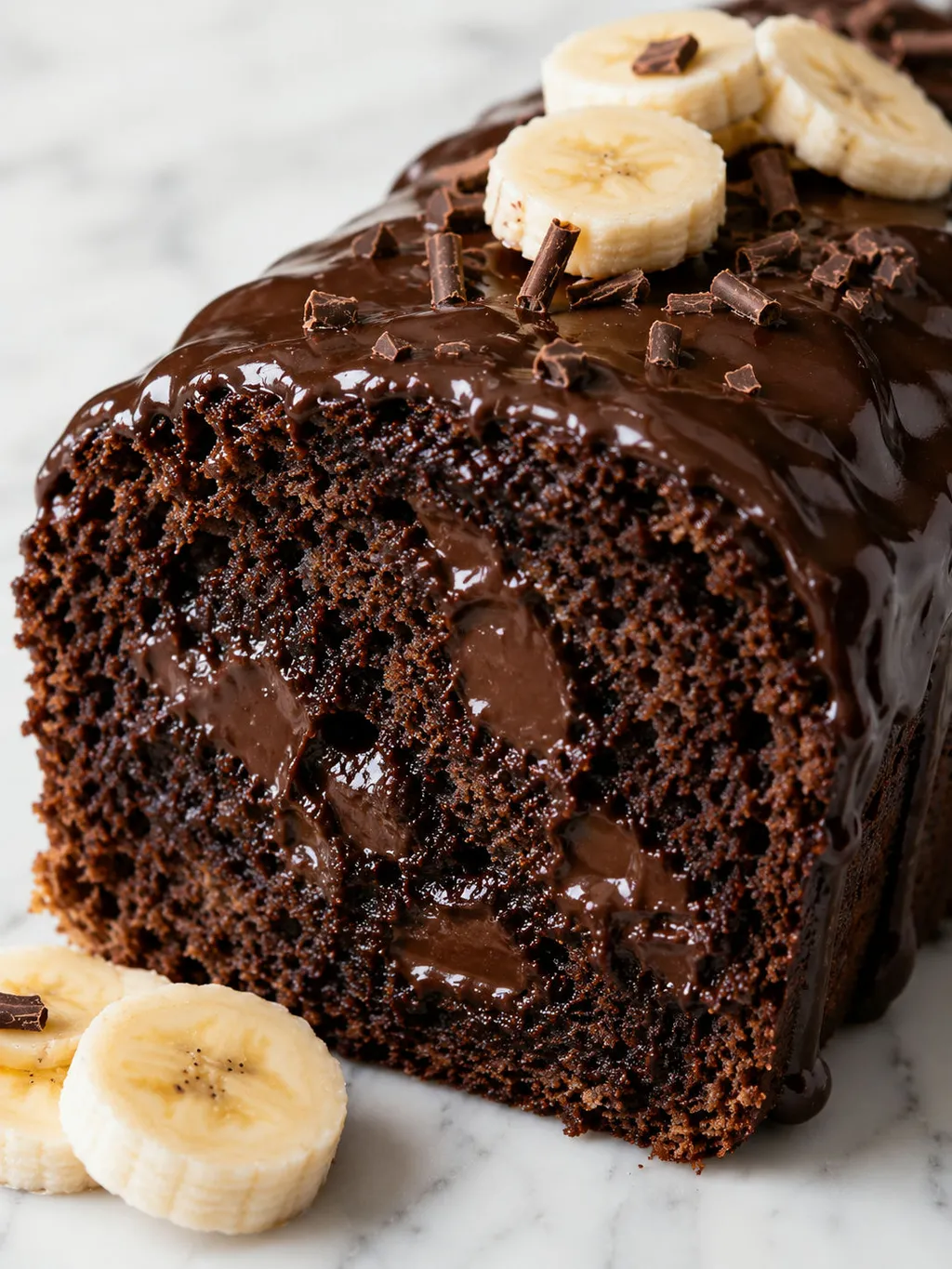 Close-up slice of moist banana-chocolate cake with dripping chocolate ganache