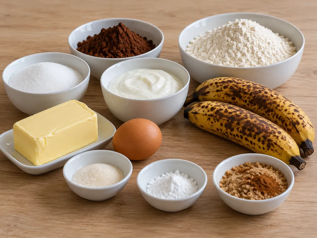 Składniki na ciasto czekoladowe z bananami: masło, jajko, jogurt, mąka, kakao i banany