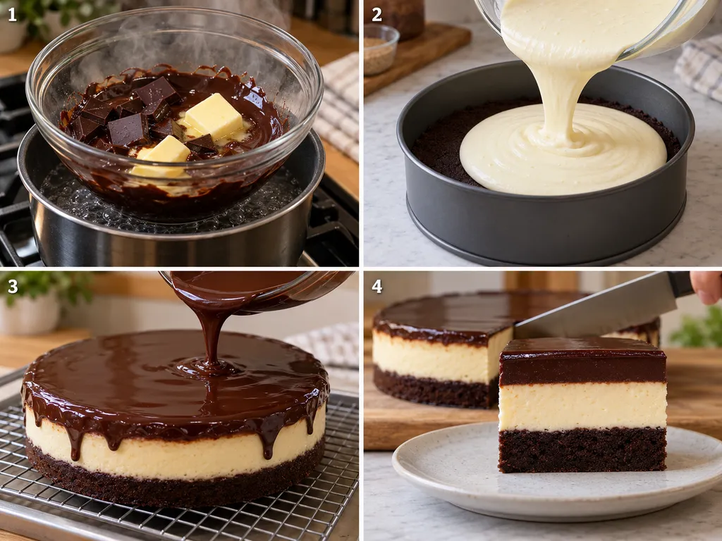 Cztery etapy przygotowania czekoladowo-serowego ciasta z ganache krok po kroku