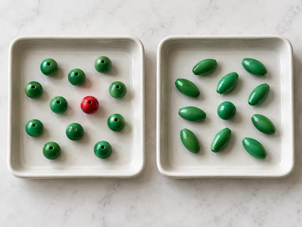 Dwie tacki z koralikami: na jednej wyróżnia się kolor, na drugiej kształt pojedynczego elementu.