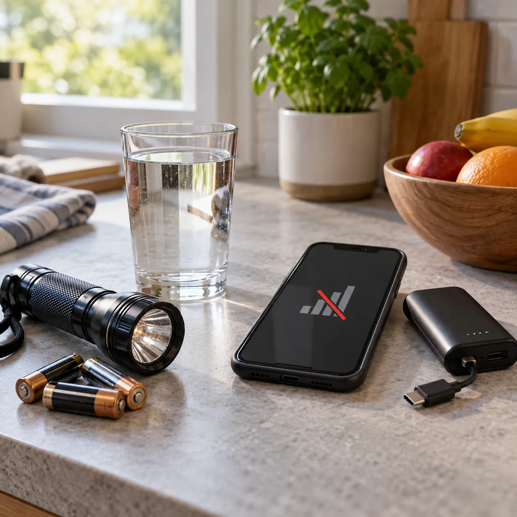 Szklanka wody, latarka, telefon i powerbank jako symbole domowych priorytetów.