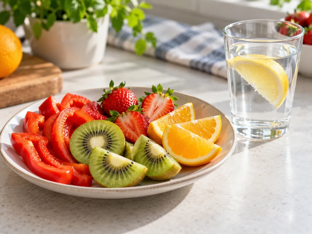Woda z cytryną obok talerza z papryką, kiwi, truskawkami i pomarańczą.