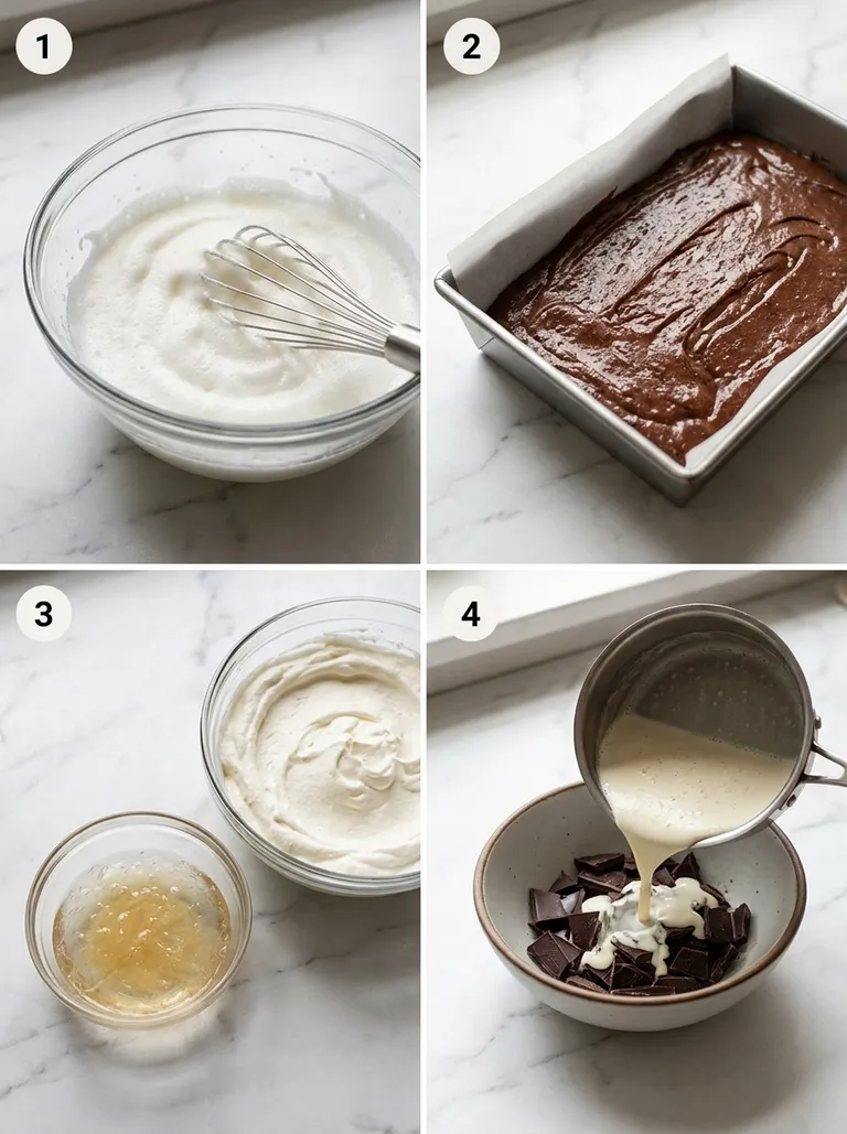 Four steps of making wuzetka cake from whipping egg whites to pouring chocolate glaze