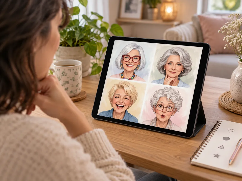 Osoba patrzy na tablet z czterema portretami starszych kobiet i robi notatki.