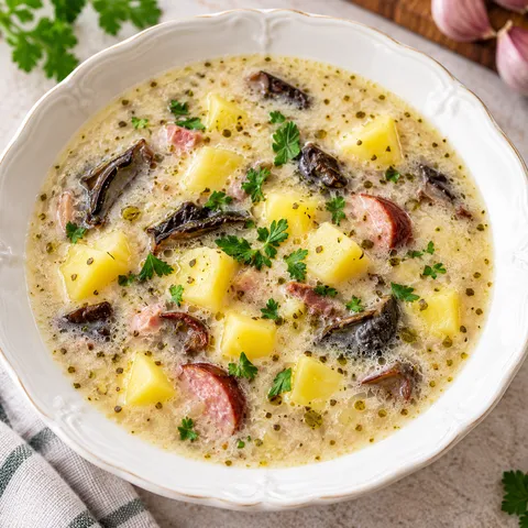 Zalewajka z ziemniakami, grzybami, kiełbasą i natką w jasnej misce
