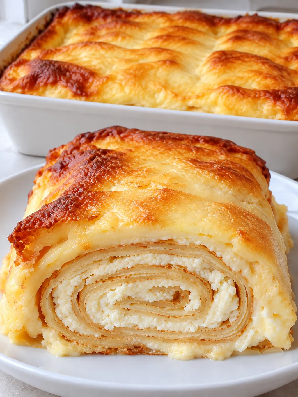 Naczynie naleśników pod pierzynką z porcją na talerzu i widocznym nadzieniem