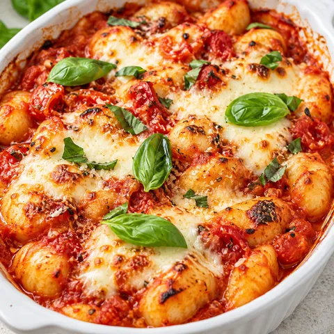 Zapiekanka gnocchi z pomidorami, roztopionym serem i bazylią