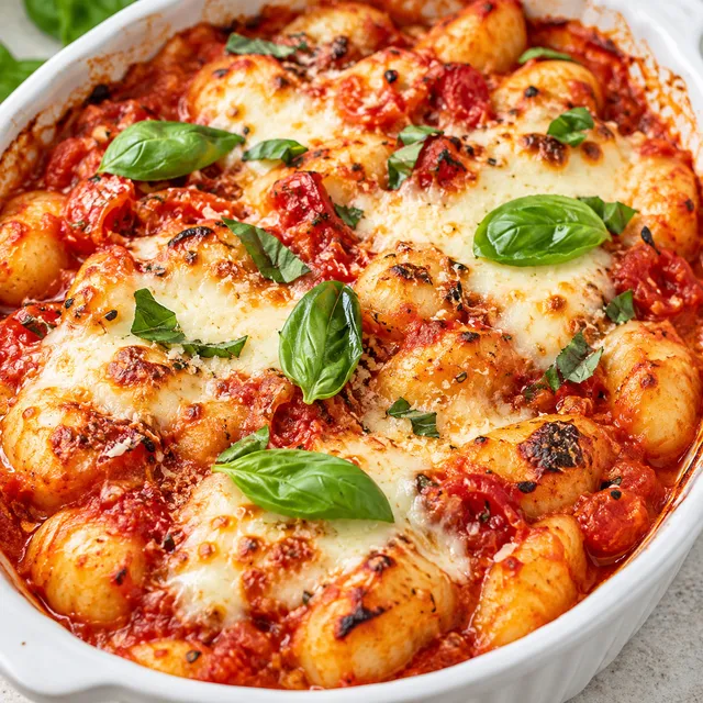 Zapiekanka gnocchi z pomidorami, roztopionym serem i bazylią