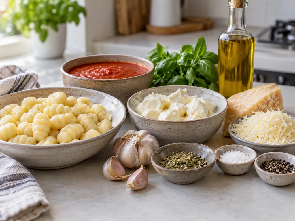 Składniki na zapiekankę gnocchi z pomidorami i serem na jasnym blacie