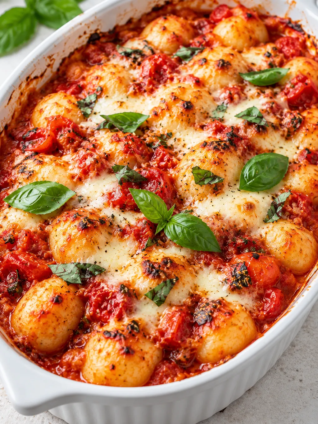 Zapiekanka gnocchi z pomidorami, ciągnącą mozzarellą i świeżą bazylią