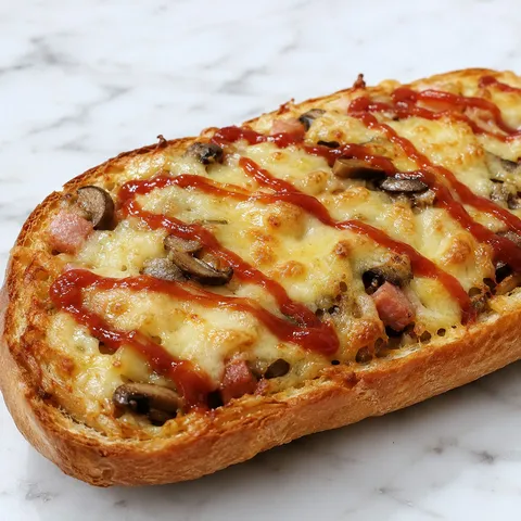 Loaded Polish zapiekanka with melted cheese, mushrooms, ham and ketchup