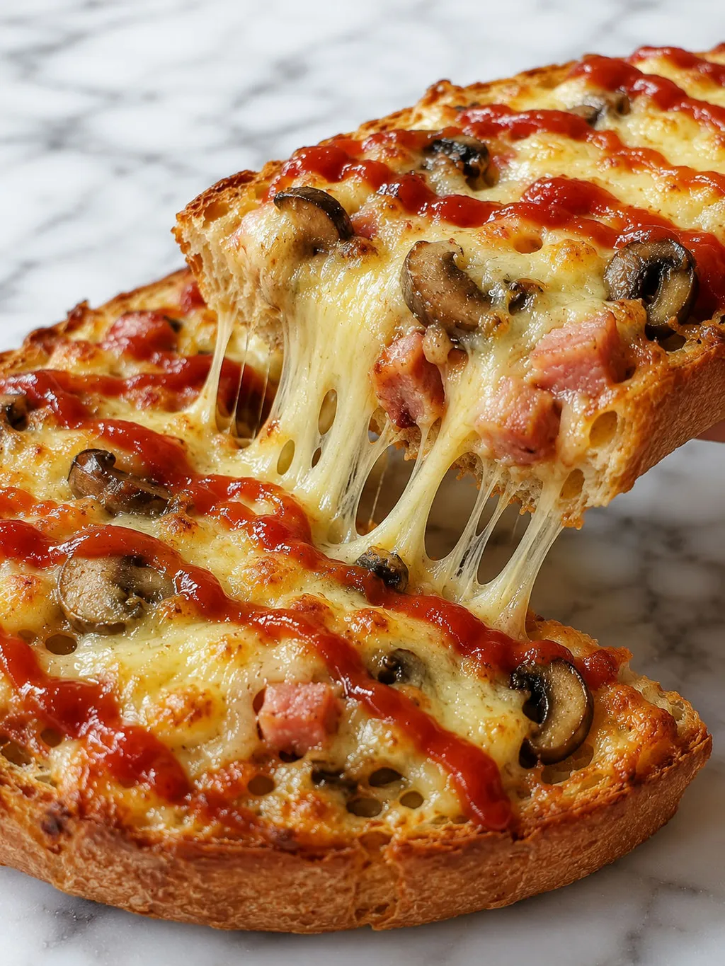 Cheesy loaded zapiekanka slice being lifted with a stretchy cheese pull