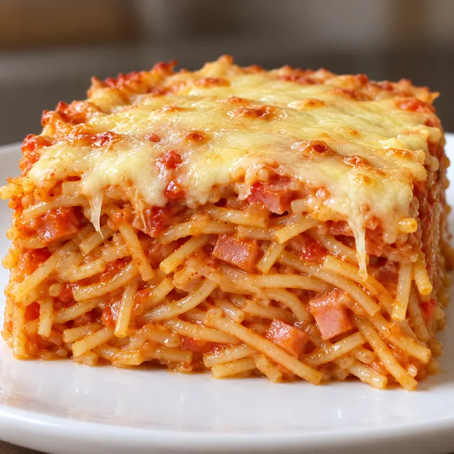 Zapiekanka ze spaghetti, szynką i roztopionym żółtym serem na talerzu